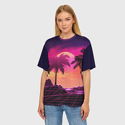 Футболка оверсайз женская Пальмы и пляж в розовом закате ретро дизайн, цвет: 3D-принт — фото 2