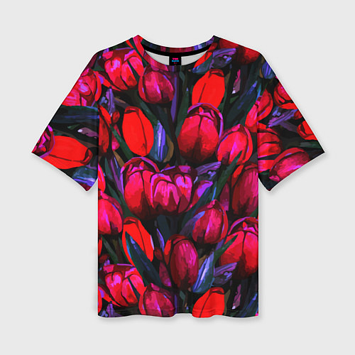 Женская футболка оверсайз Тюльпаны - поле красных цветов / 3D-принт – фото 1