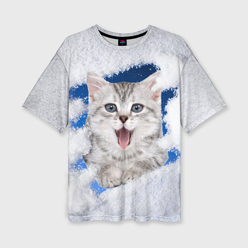 Женская футболка оверсайз Котёнок в снегу / 3D-принт – фото 1