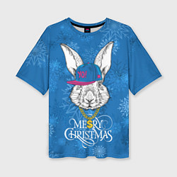 Женская футболка оверсайз Merry Christmas, rabbit in cap