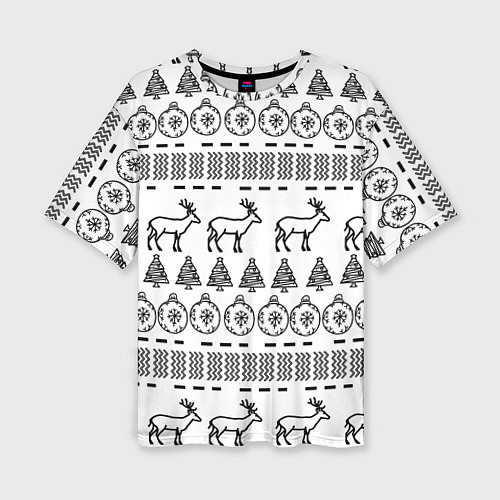 Женская футболка оверсайз Черно-белый узор с оленями / 3D-принт – фото 1