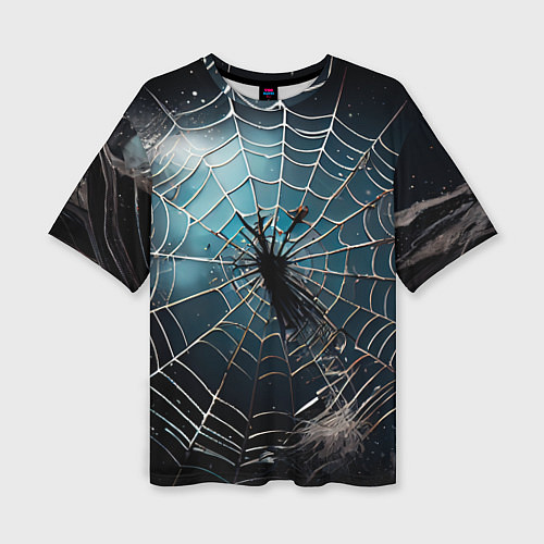 Женская футболка оверсайз Halloween - паутина на фоне мрачного неба / 3D-принт – фото 1