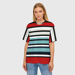 Футболка оверсайз женская Красные голубые и белые полосы, цвет: 3D-принт — фото 2
