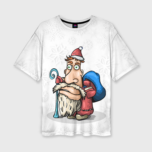 Женская футболка оверсайз Дед Мороз спешит с подарками на фоне снежинок / 3D-принт – фото 1