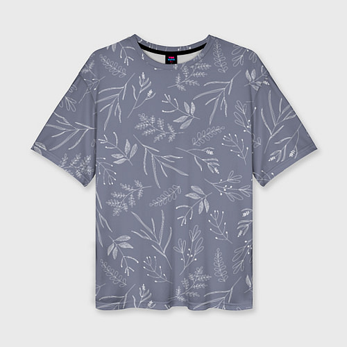Женская футболка оверсайз Минималистичный растительный узор на серо-голубом / 3D-принт – фото 1