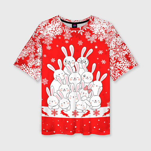 Женская футболка оверсайз Новогодняя елка в виде кроликов / 3D-принт – фото 1