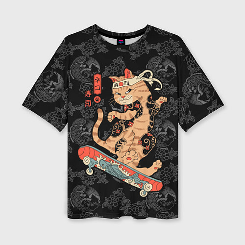 Женская футболка оверсайз Кот самурай на скейтборде / 3D-принт – фото 1