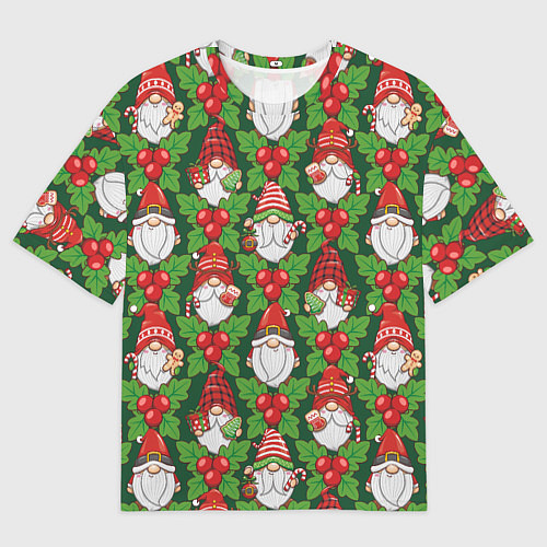 Женская футболка оверсайз Новогодние гномы - паттерн / 3D-принт – фото 1