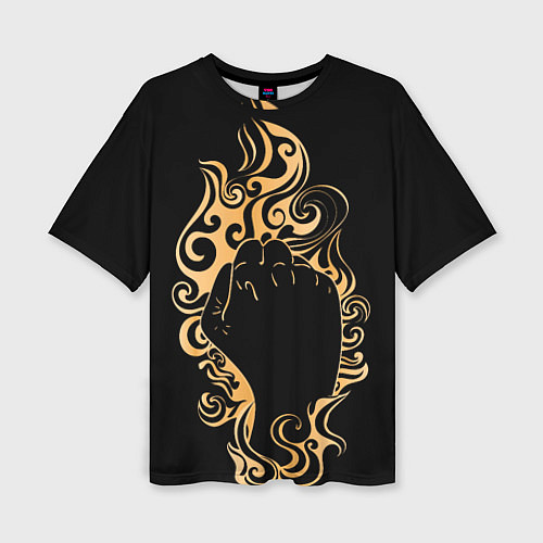Женская футболка оверсайз Поднятый вверх кулак, окруженный золотым пламенем / 3D-принт – фото 1