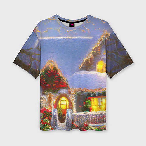 Женская футболка оверсайз Украшенный новогодний коттедж и снежные сугробы / 3D-принт – фото 1