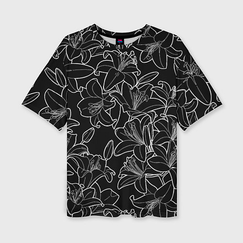 Женская футболка оверсайз Нежные цветы - лилии: черно белыи / 3D-принт – фото 1