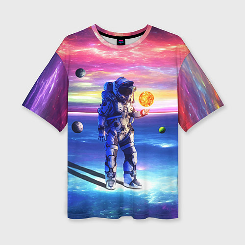 Женская футболка оверсайз Космонавт среди планет в виртуальной вселенной / 3D-принт – фото 1