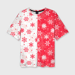 Женская футболка оверсайз Снежинки красно-белые