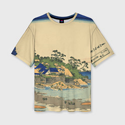 Женская футболка оверсайз Японская гравюра с деревней