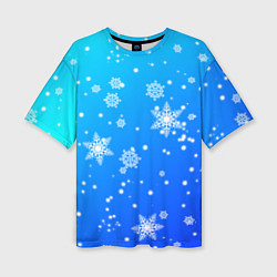 Женская футболка оверсайз Снежинки на голубом фоне