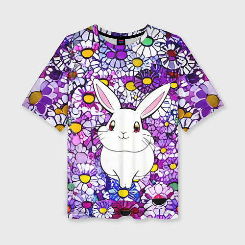 Женская футболка оверсайз Веселый кролик в цветах / 3D-принт – фото 1