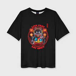 Женская футболка оверсайз Live fast eat spicy неоновый кот