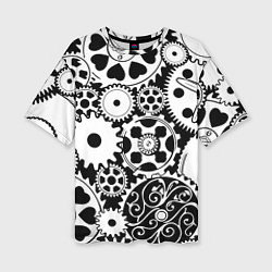 Женская футболка оверсайз Шестеренки в черно-белом стиле