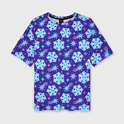 Футболка оверсайз женская Снежинки со звездами в синем небе, цвет: 3D-принт