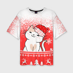 Женская футболка оверсайз Новогодний милый котик