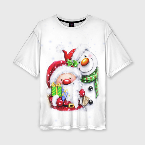 Женская футболка оверсайз Дед Мороз и снеговик с подарками / 3D-принт – фото 1