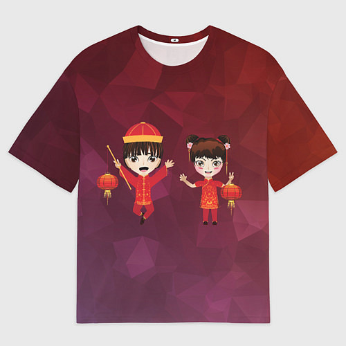 Женская футболка оверсайз Аниме мальчик и девочка празднуют китайский новый / 3D-принт – фото 1