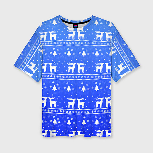 Женская футболка оверсайз Синий орнамент с оленями / 3D-принт – фото 1