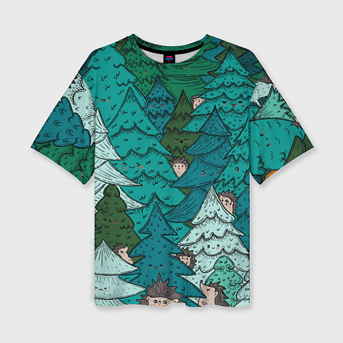 Женская футболка оверсайз Ежи в еловом лесу / 3D-принт – фото 1