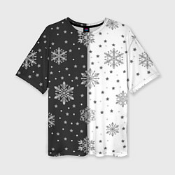 Женская футболка оверсайз Рождественские снежинки на черно-белом фоне