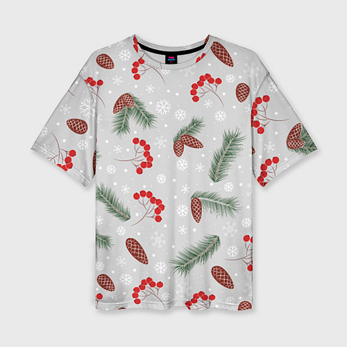Женская футболка оверсайз Зимние ягоды и шишки / 3D-принт – фото 1