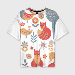 Женская футболка оверсайз Животные, птицы, растения в скандинавском стиле