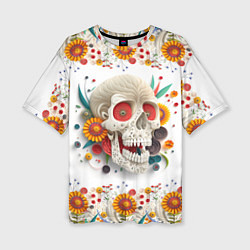 Женская футболка оверсайз Череп украшенный растениями и цветами в стиле квил