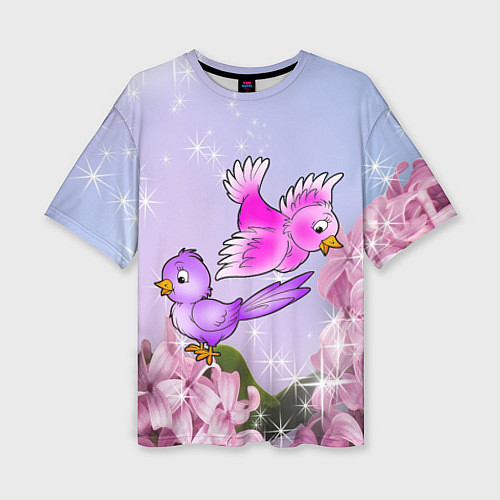 Женская футболка оверсайз Две пташки на цветочном фоне / 3D-принт – фото 1