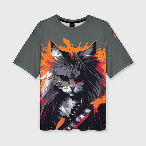 Женская футболка оверсайз Rocker Cat on a gray background - C-Cats collectio / 3D-принт – фото 1