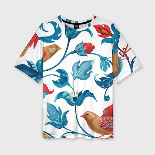 Женская футболка оверсайз Узоры и птицы / 3D-принт – фото 1