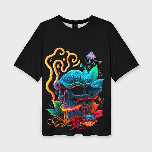 Женская футболка оверсайз Neon mushroom-skull / 3D-принт – фото 1