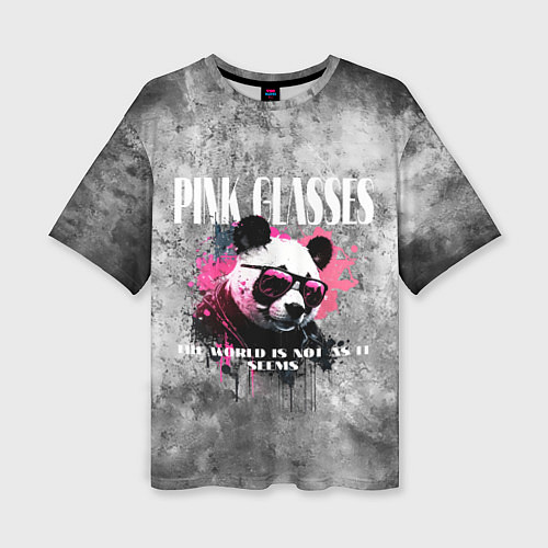 Женская футболка оверсайз Панда в розовых очках на сером фоне / 3D-принт – фото 1