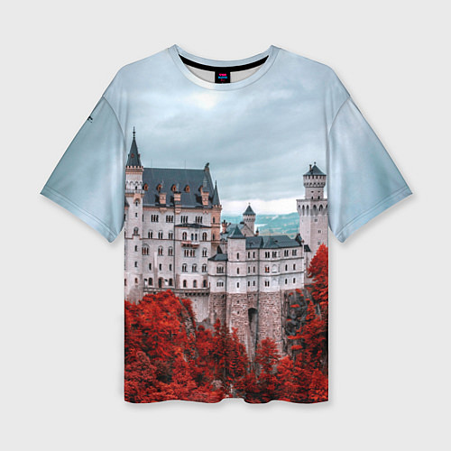 Женская футболка оверсайз Замок в горах и красный лес / 3D-принт – фото 1