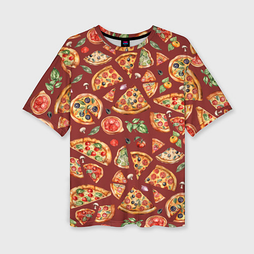 Женская футболка оверсайз Кусочки пиццы ассорти - акварельный паттерн / 3D-принт – фото 1