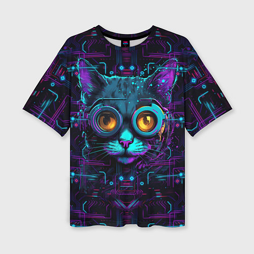 Женская футболка оверсайз Cat - cyberpunk style / 3D-принт – фото 1