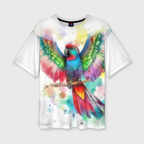 Женская футболка оверсайз Разноцветный акварельный попугай с расправленными / 3D-принт – фото 1