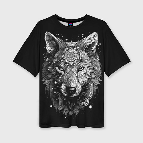 Женская футболка оверсайз Волк в черно-белом орнаменте / 3D-принт – фото 1
