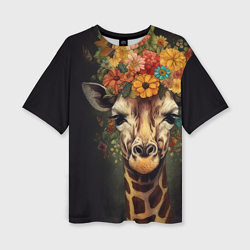 Женская футболка оверсайз Портрет жирафа с цветами: арт нейросети / 3D-принт – фото 1