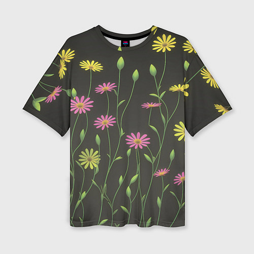 Женская футболка оверсайз Полевые цветочки на темном фоне / 3D-принт – фото 1