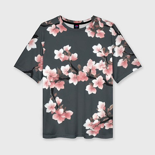 Женская футболка оверсайз Цветущее дерево на темном фоне / 3D-принт – фото 1