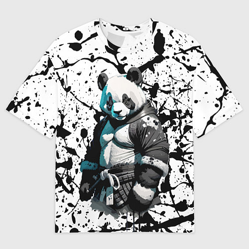 Женская футболка оверсайз Panda samurai on the background of blots / 3D-принт – фото 1