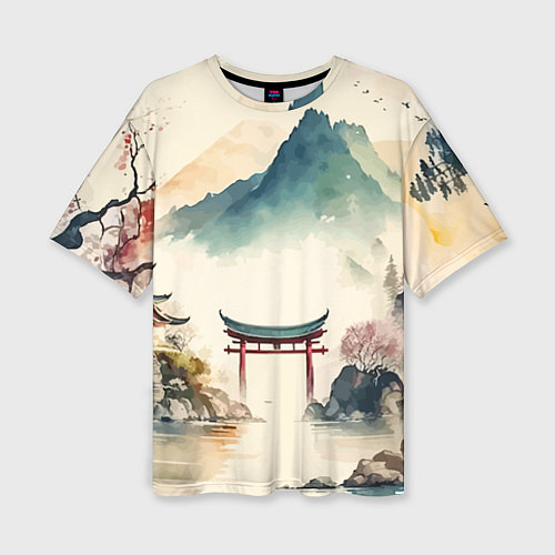 Женская футболка оверсайз Японский пейзаж - акварель / 3D-принт – фото 1