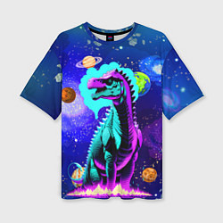 Женская футболка оверсайз Динозавр в космосе - неоновое свечение