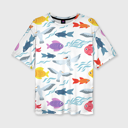 Женская футболка оверсайз Рыбы и чайки / 3D-принт – фото 1