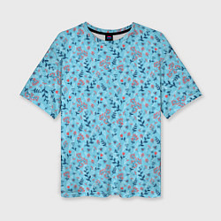 Женская футболка оверсайз Листья и ягоды на голубом, паттерн